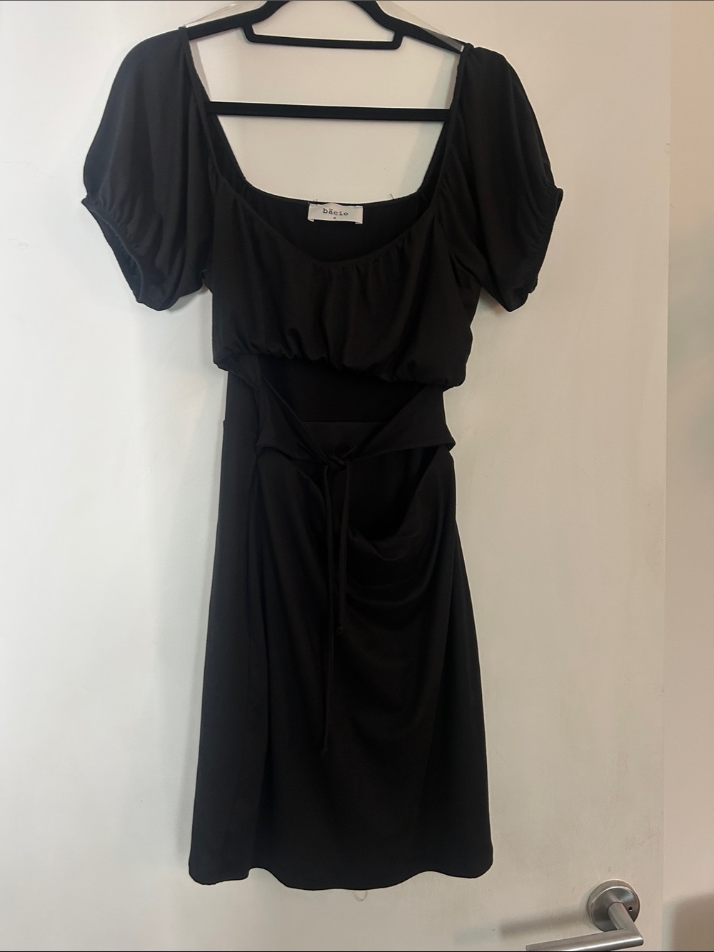 Pinkyotto Black Puff-Sleeve Midi Dress with Tie Waist